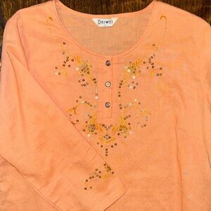 Vintage Peach Embroidered Tunic Top Size L India Cotton Kurta Style